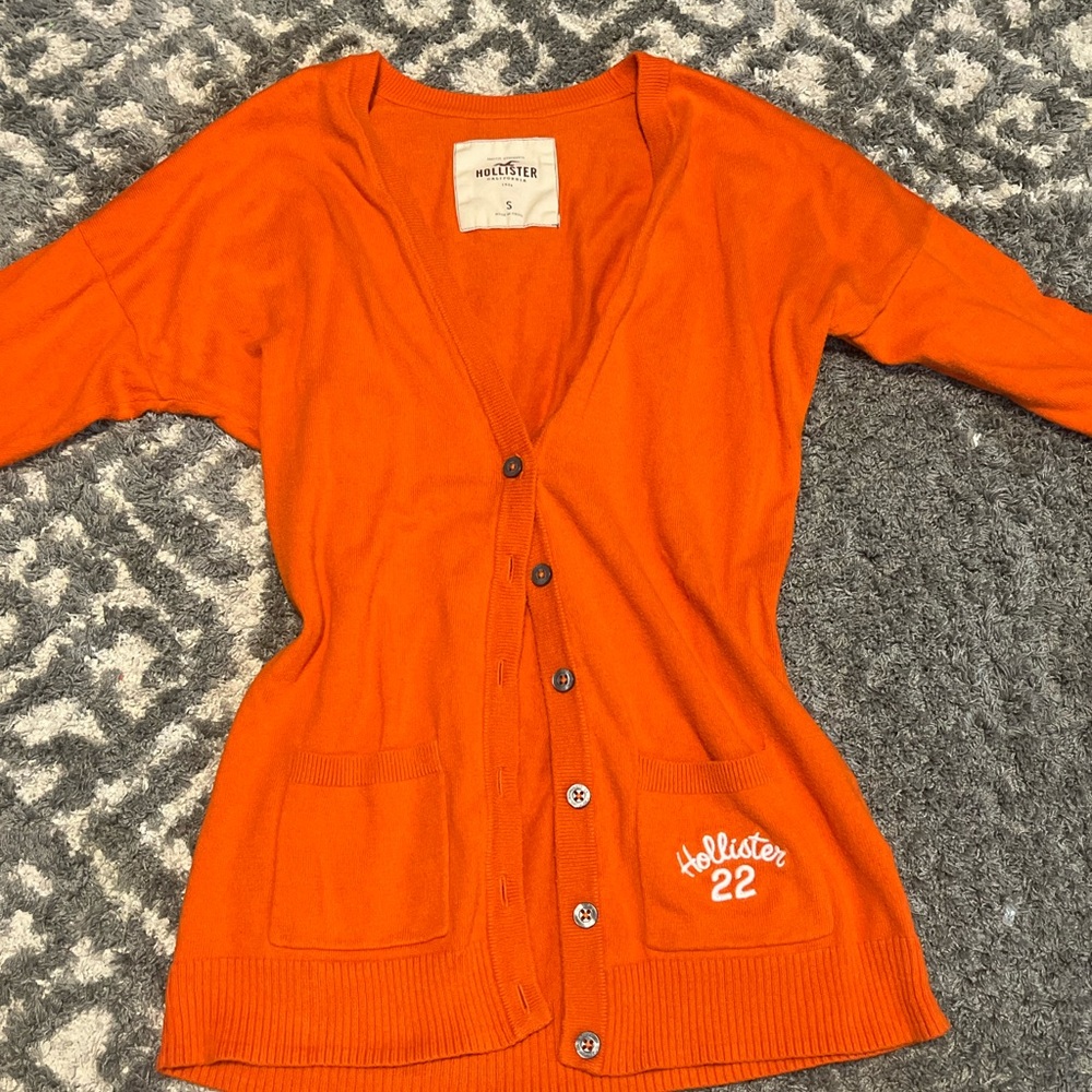 Vintage Hollister Women's Bright Orange Cardigan
